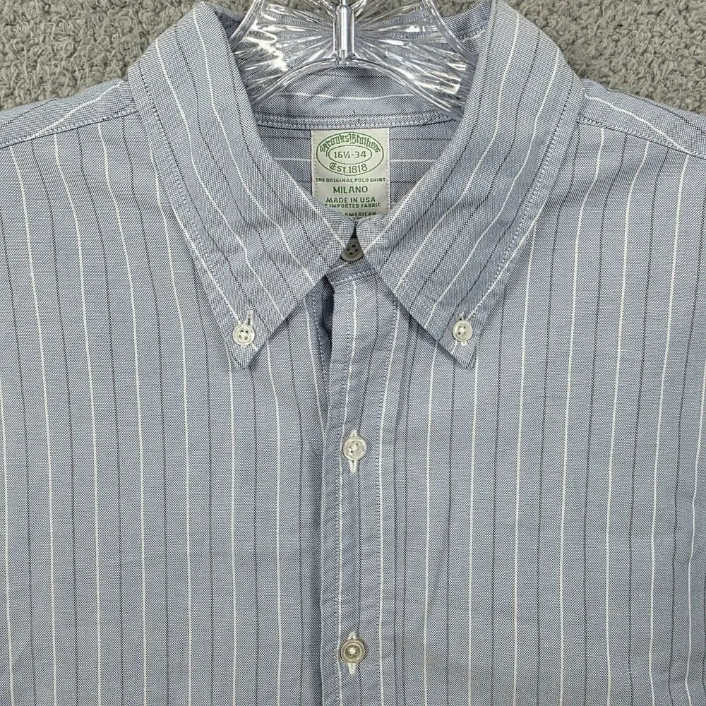 Brooks Brothers Dress Shirt Men's 16.5 34 Blue Stripe Milano Made in USA